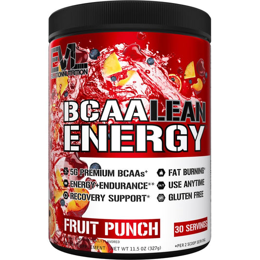 EVL BCAA Lean Energy powder with scoop delivers focused pre-workout energy.