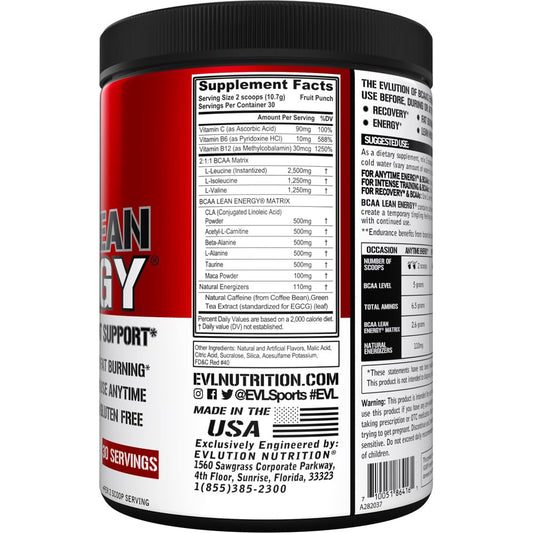 EVL BCAA Lean Energy green tea powder tub highlights clean energizers.