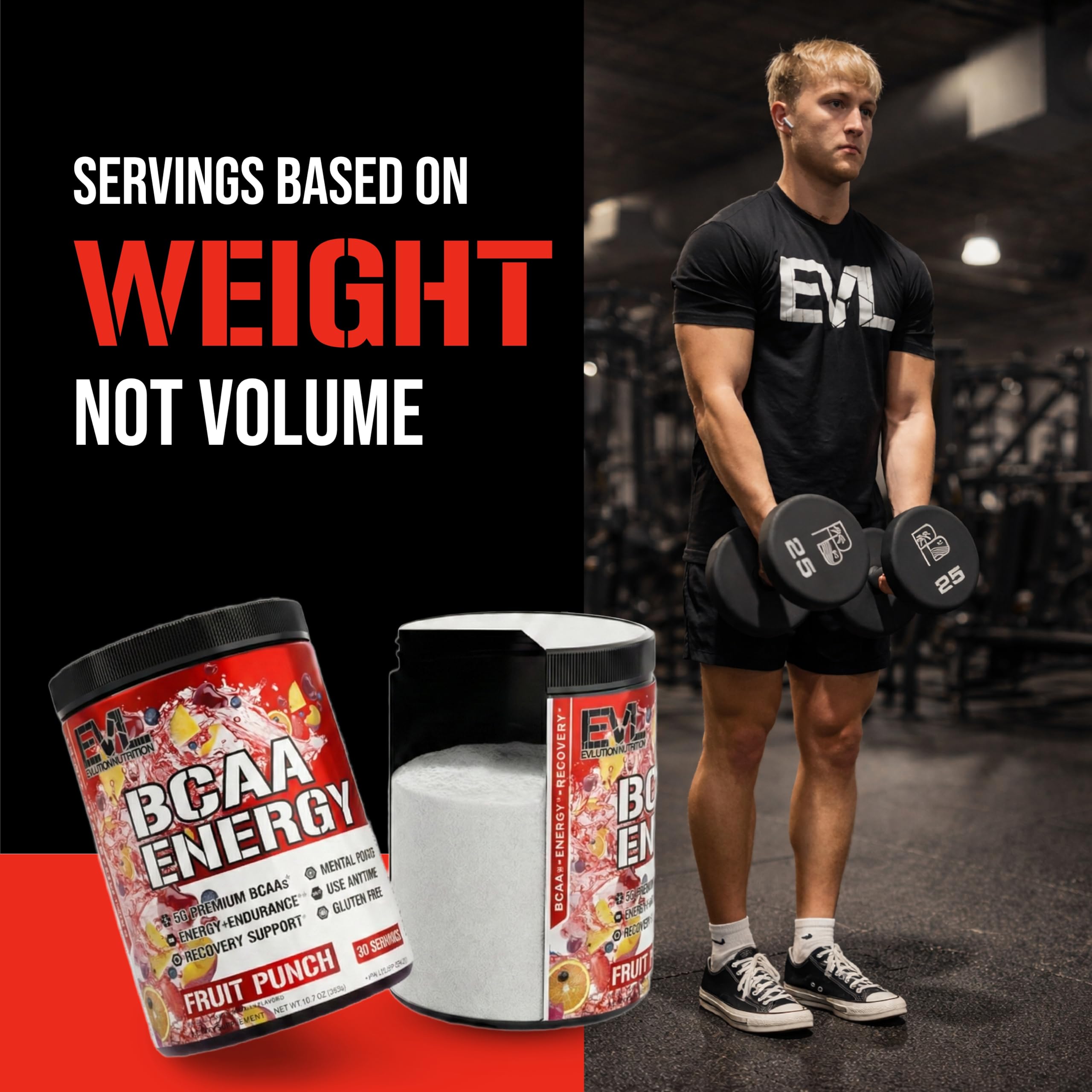 Glass with dissolved EVL BCAAs drink after training highlighting energy support.