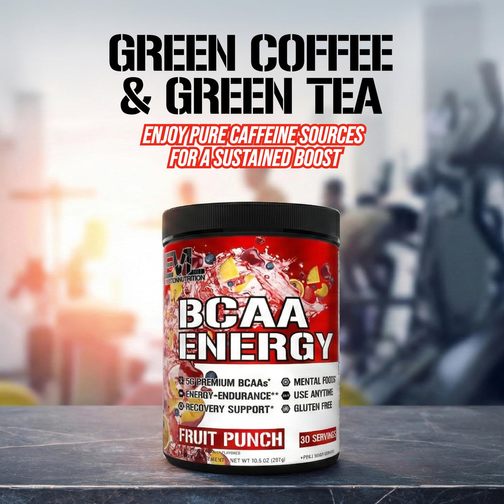 EVL BCAAs fruit punch label on container highlighting BCAA ratio.