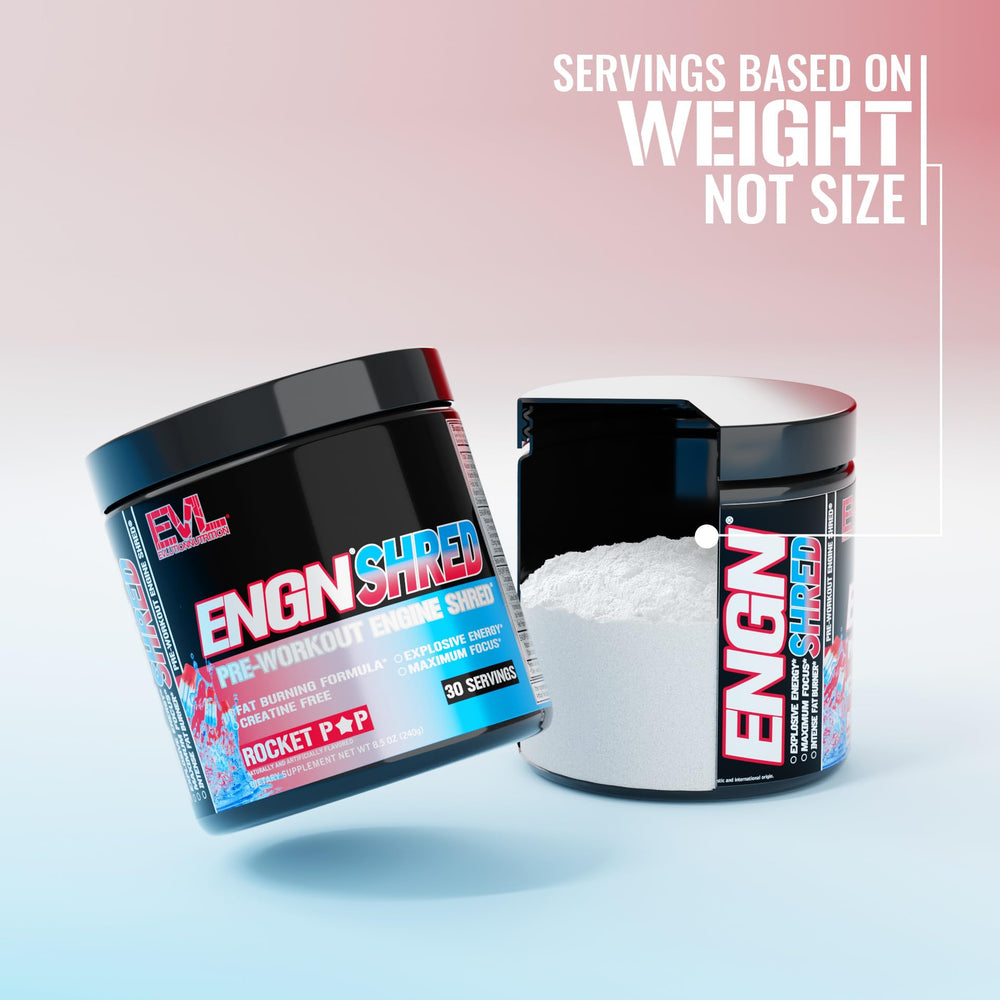 EVL ENGN Shred preworkout jar emphasizes clean energy for workouts.