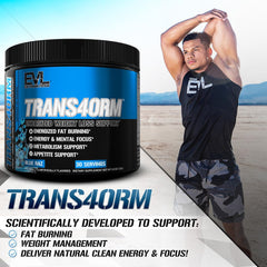 Evlution Trans4orm Blue Raz ingredients icon emphasizing L Carnitine and CLA.