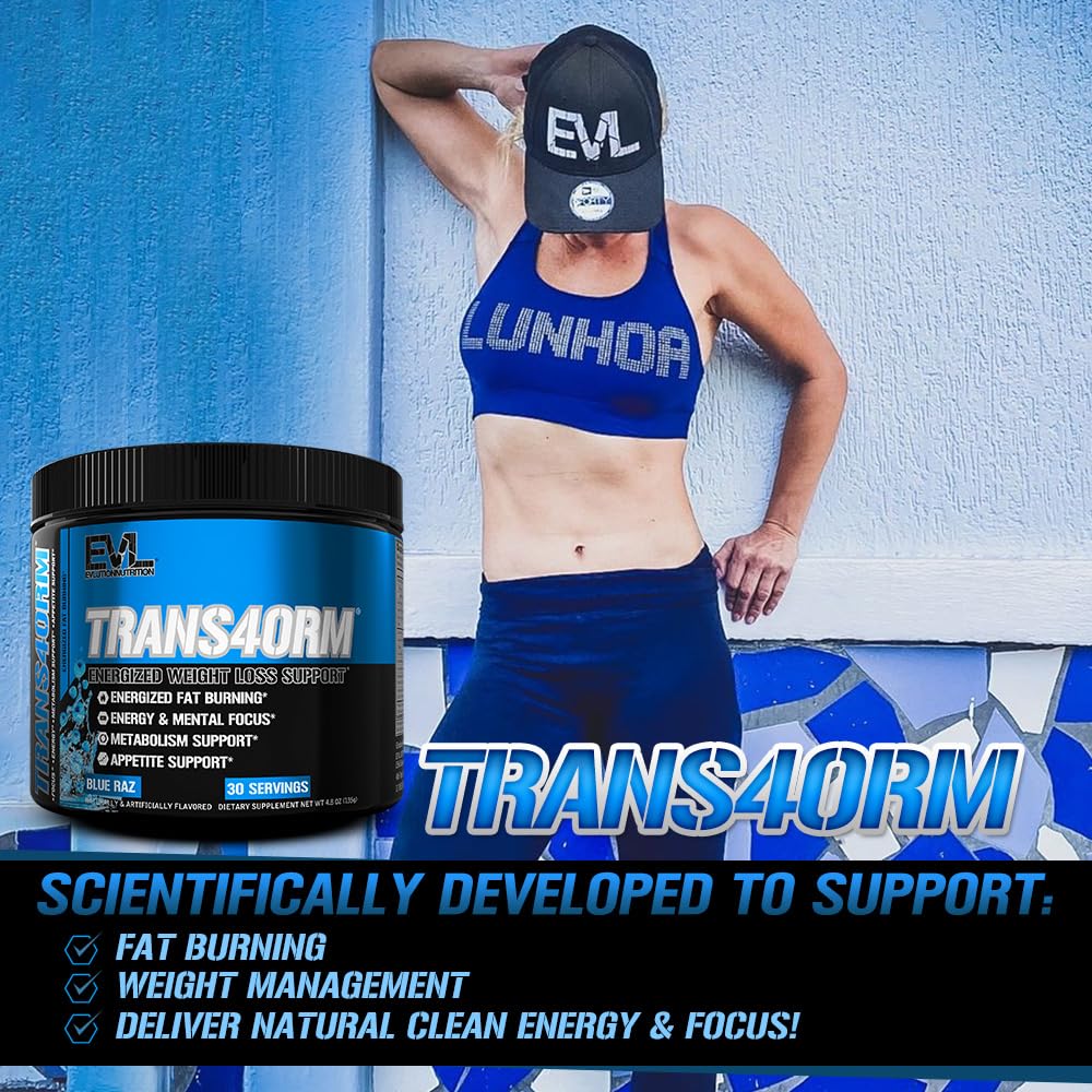 Evlution Trans4orm Blue Raz label detail highlighting flavor and ingredients.