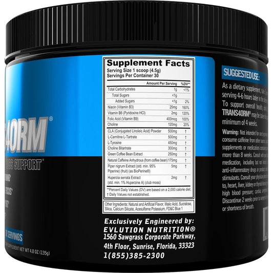 Evlution Trans4orm Blue Raz scoop used to measure a serving for metabolism support.