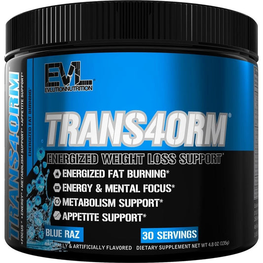 Evlution Trans4orm Blue Raz tub showing the packaging and label for energy support.