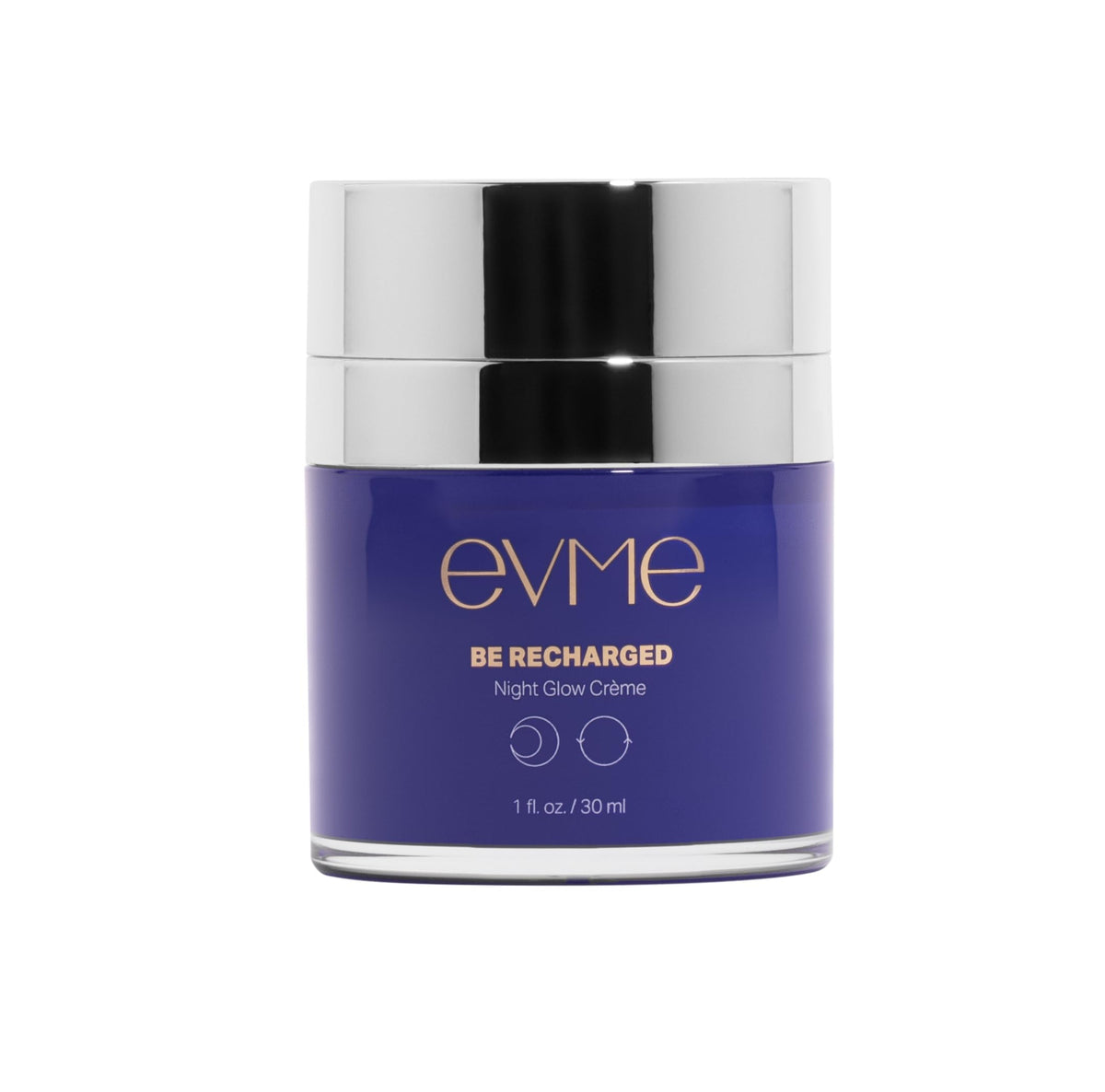Evme Night Glow Crème jar closeup showing gel-to-cream texture for overnight hydration.