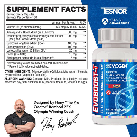 Evogen Evoboost-T bottle label closeup highlighting ingredients and quality.