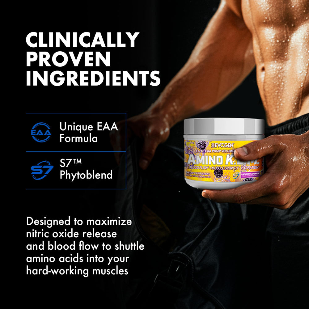 Blackberry Lemonade flavor Evogen Amino K.E.M. bottle suggests refreshing post-workout ritual.