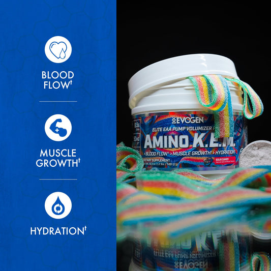Evogen Amino K.E.M. bottle highlights blood flow and nitric oxide benefits during workouts.