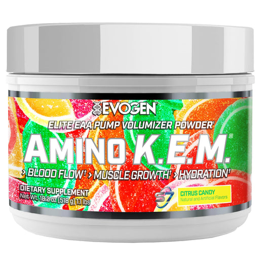 Evogen Amino K.E.M. bottle-front showing Citrus Candy flavor for enhanced training endurance