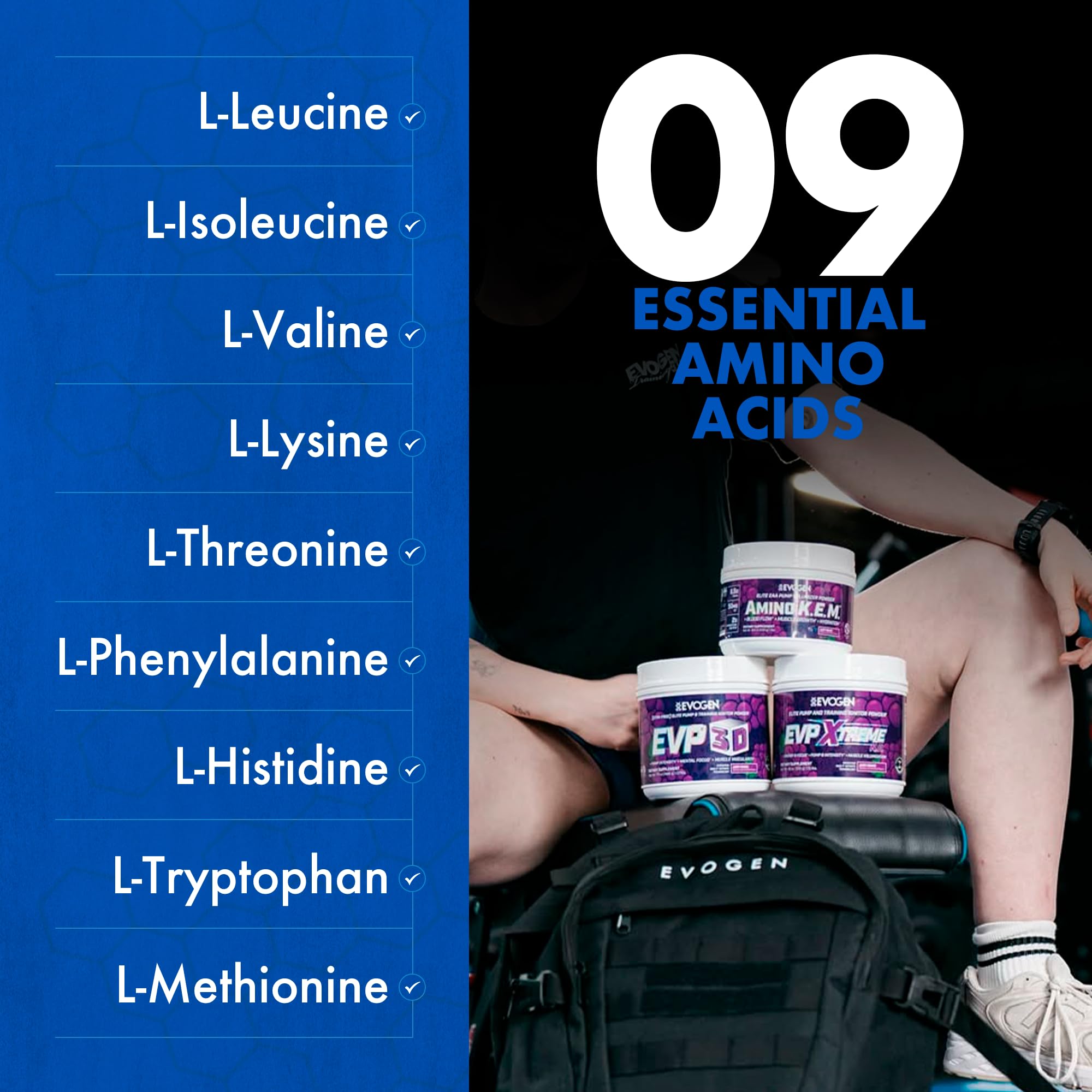 Evogen Amino K.E.M. bottle label visible indicating full amino acid spectrum.