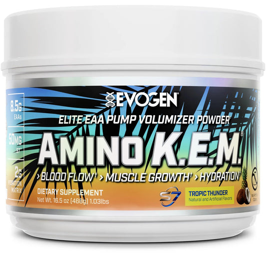 Evogen Amino K.E.M. bottle pour showing hydration support for workouts