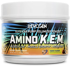 Evogen Amino K.E.M. bottle pour showing hydration support for workouts