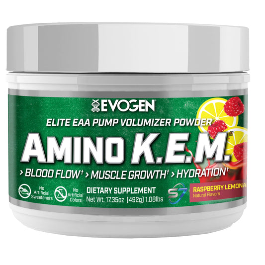 Evogen Amino K.E.M. bottle pour showcases a refreshing pre-workout hydration boost.