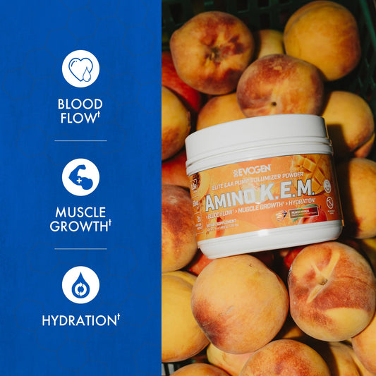 Evogen Amino K.E.M. bottle pour with Peach Mango mix for hydration
