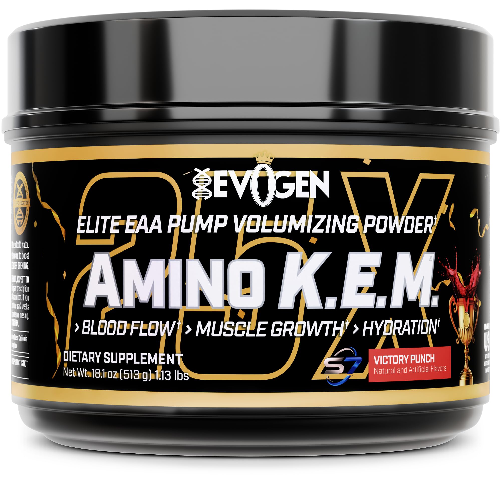 Evogen Amino K.E.M. bottle pour highlights potential blood flow benefits during workouts.