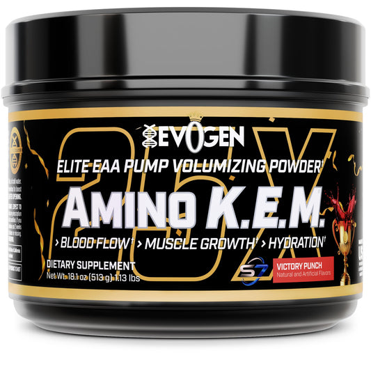 Evogen Amino K.E.M. bottle pour highlights potential blood flow benefits during workouts.