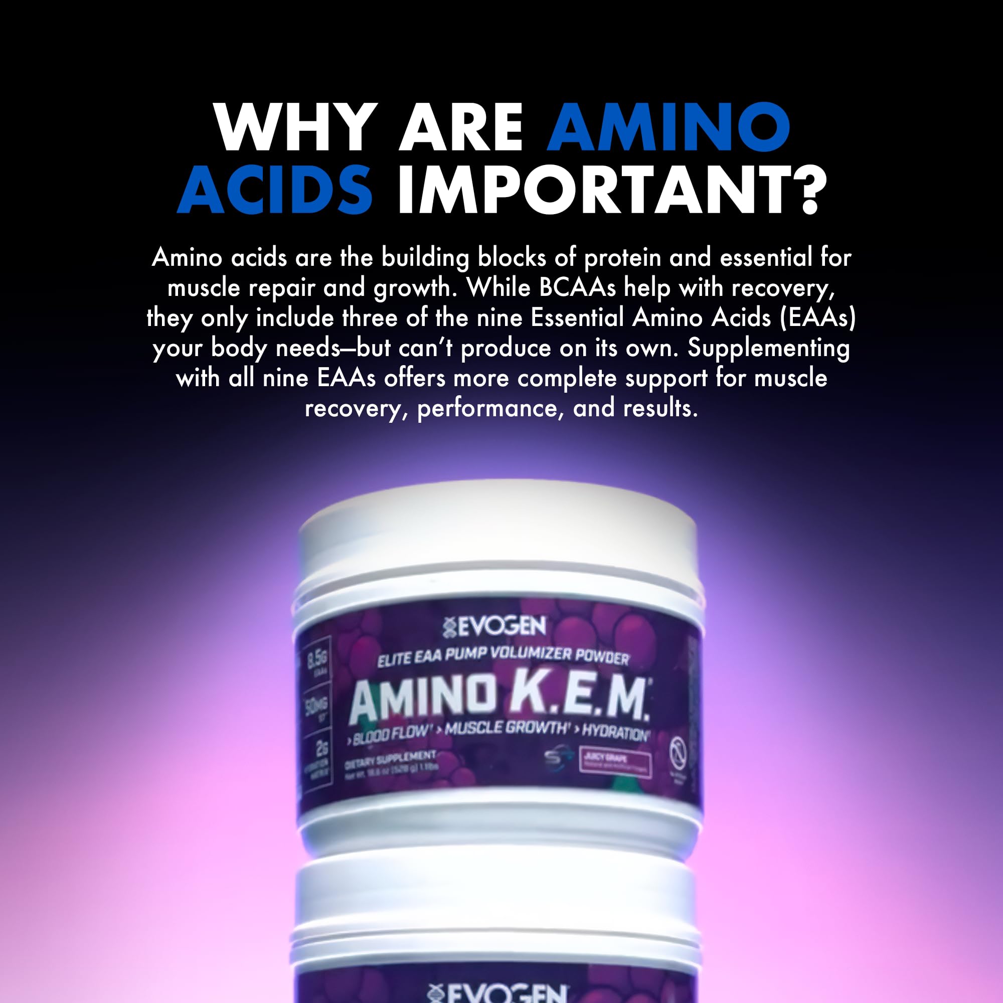 Evogen Amino K.E.M. bottle setup ready for daily supplementation routine.