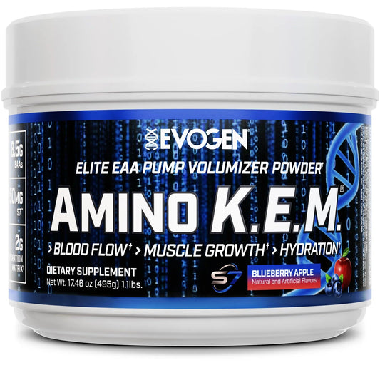 Evogen Amino K.E.M. bottle showing full-spectrum amino blend for steady training support.
