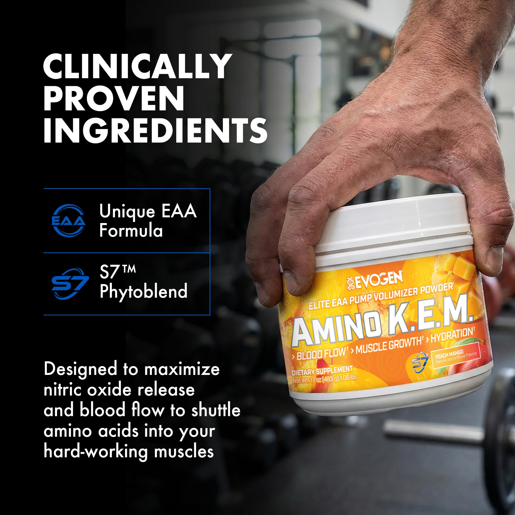 Evogen Amino K.E.M. Peach Mango flavor ready for post-workout recovery