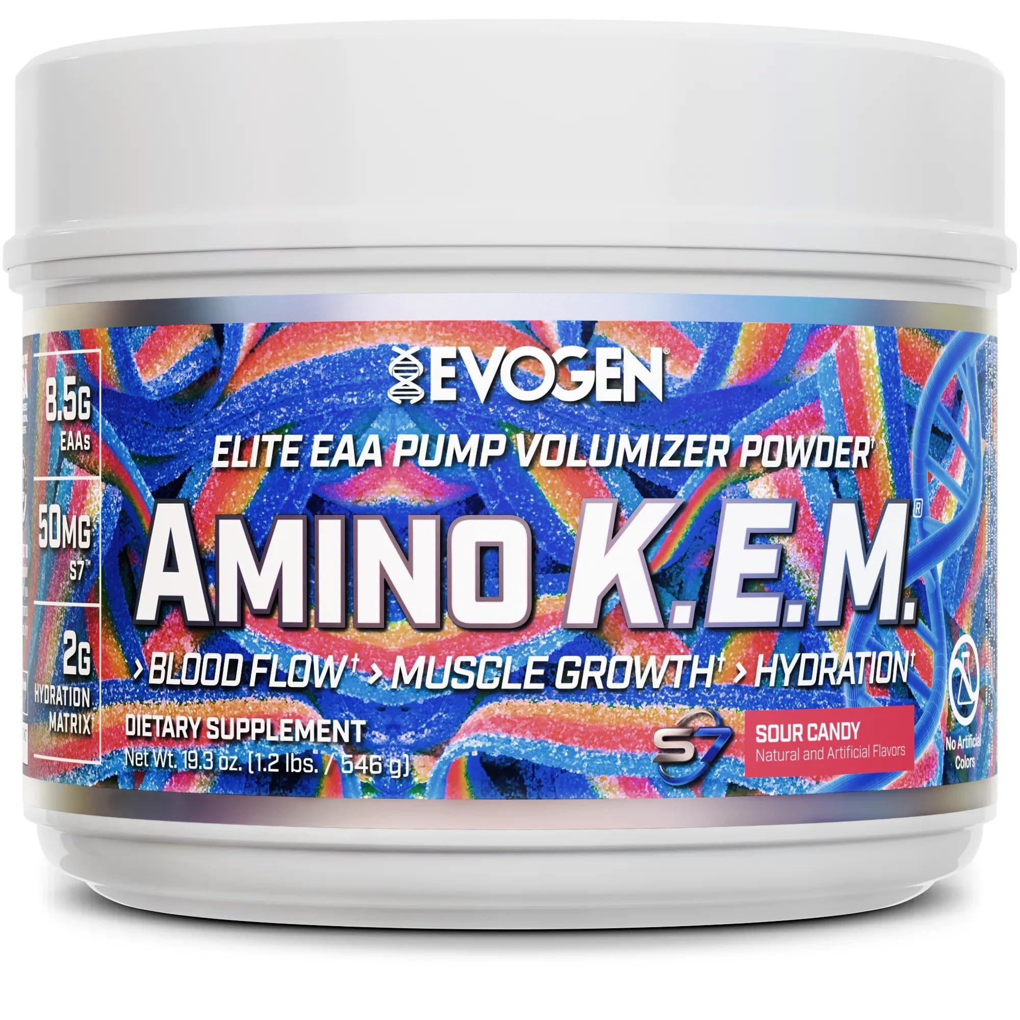 Evogen Amino K.E.M. full-spectrum EAAs and BCAAs support muscle growth and recovery.