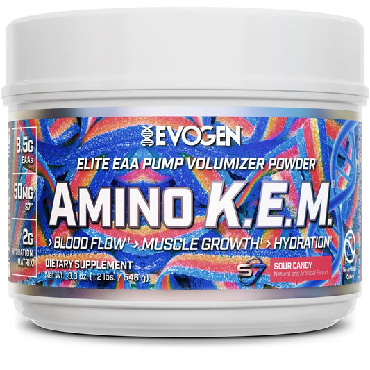 Evogen Amino K.E.M. full-spectrum EAAs and BCAAs support muscle growth and recovery.