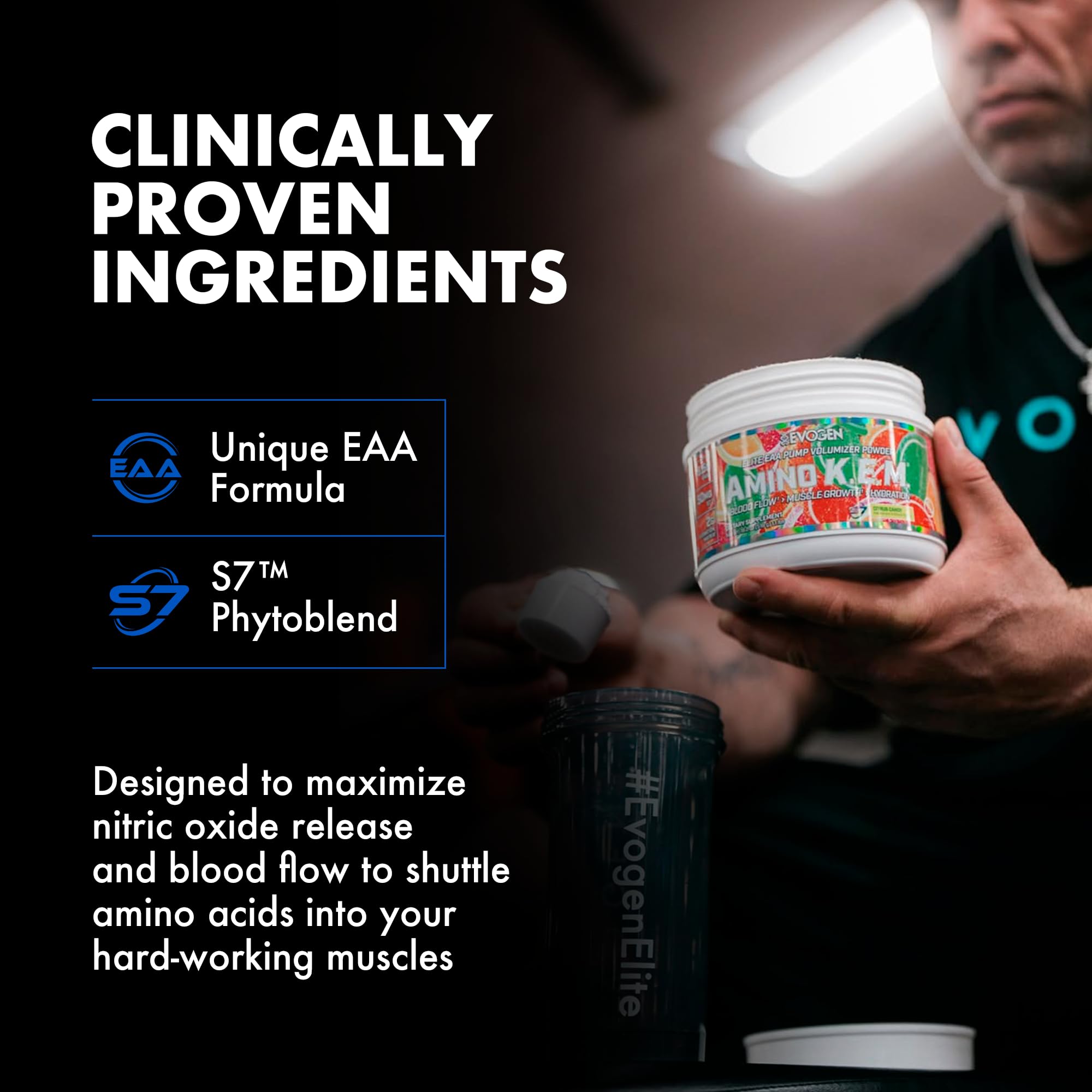 Evogen Amino K.E.M. glass with liquid illustrating hydration and blood flow support