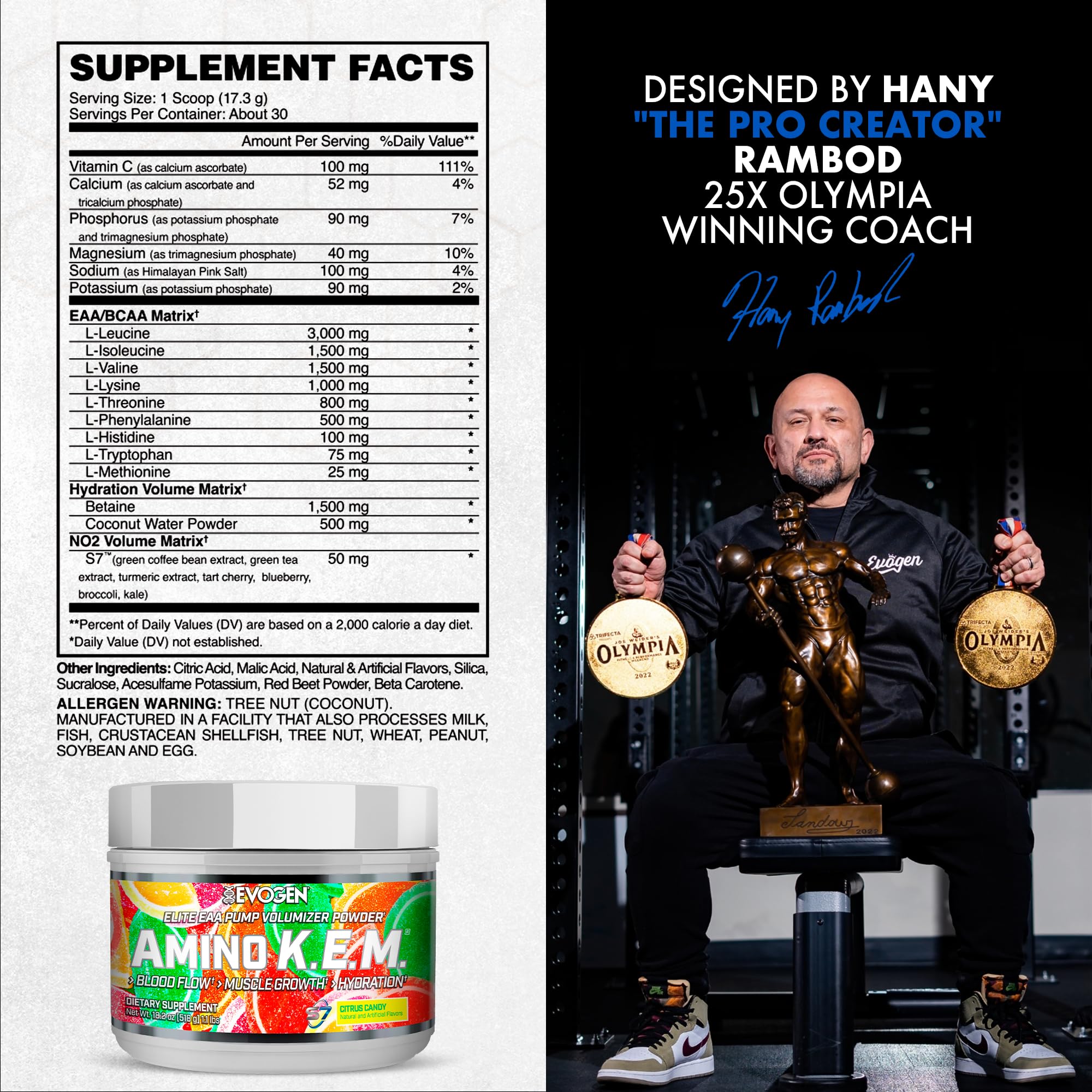 Evogen Amino K.E.M. label close-up highlighting full spectrum EAAs and BCAAs