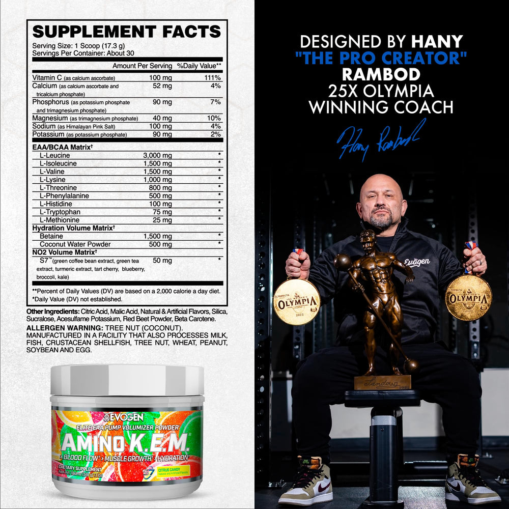 Evogen Amino K.E.M. label close-up highlighting full spectrum EAAs and BCAAs