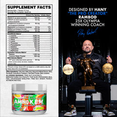 Evogen Amino K.E.M. label close-up highlighting full spectrum EAAs and BCAAs