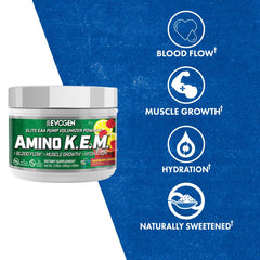 Evogen Amino K.E.M. label close-up highlights full spectrum EAAs and BCAAs.