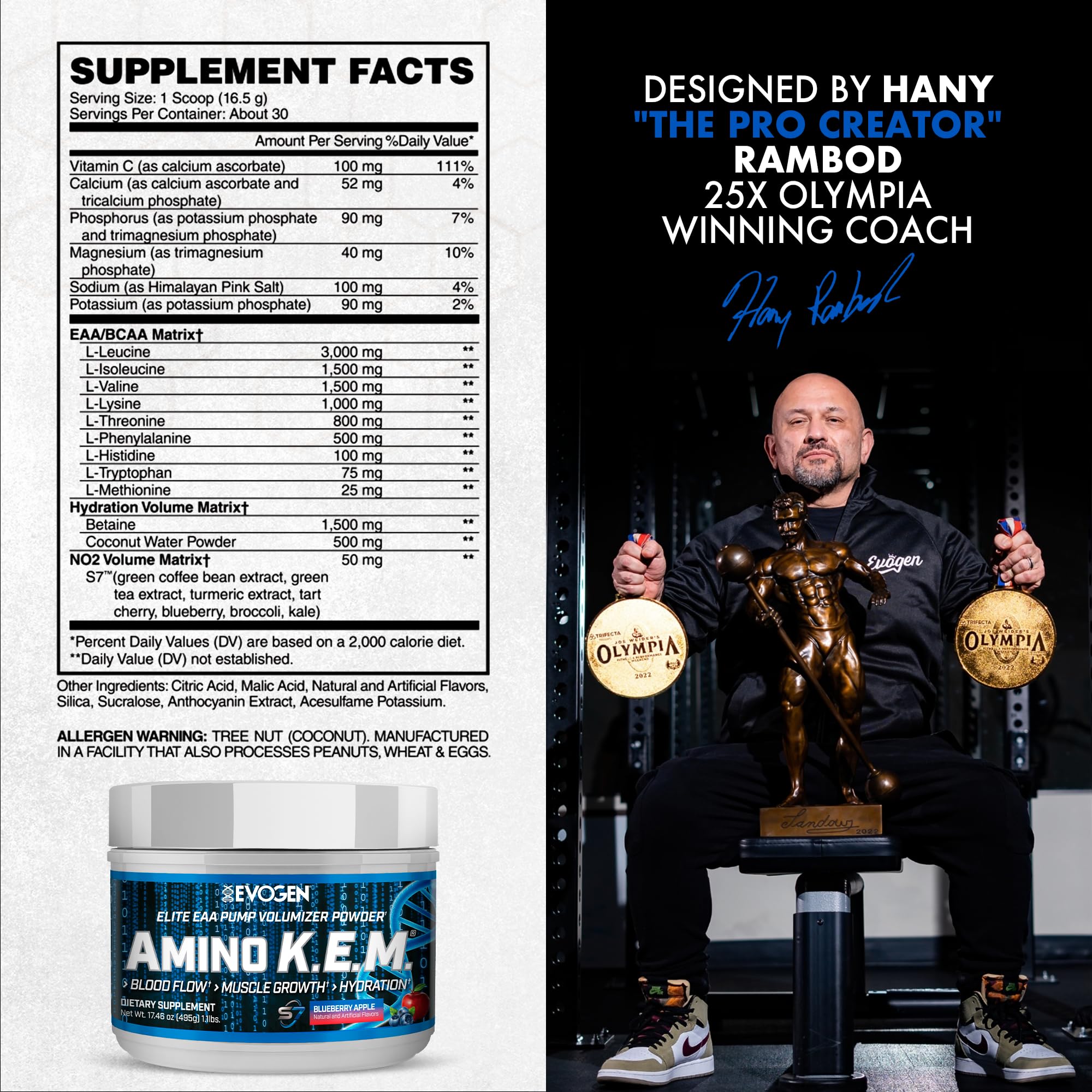 Evogen Amino K.E.M. label close-up highlights S7 nitric oxide blend.