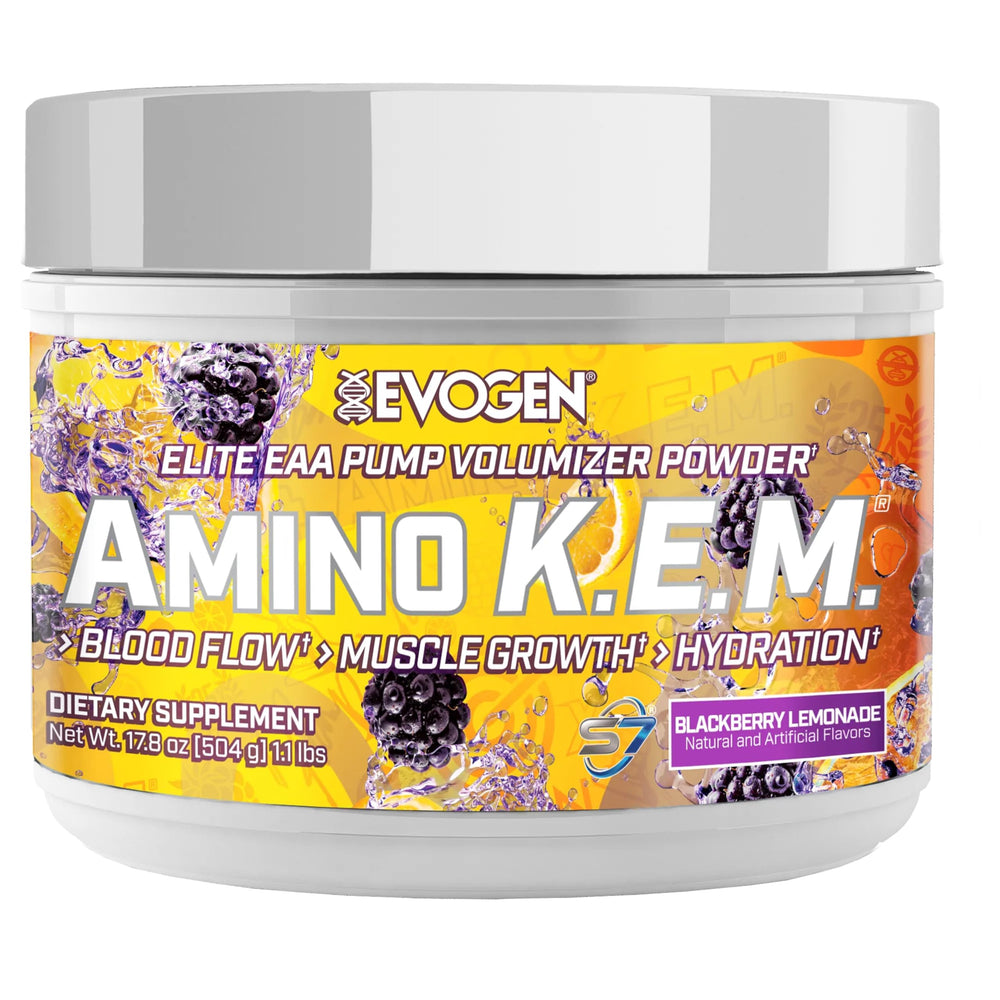 Evogen Amino K.E.M. bottle highlights full-spectrum EAAs for muscle support.