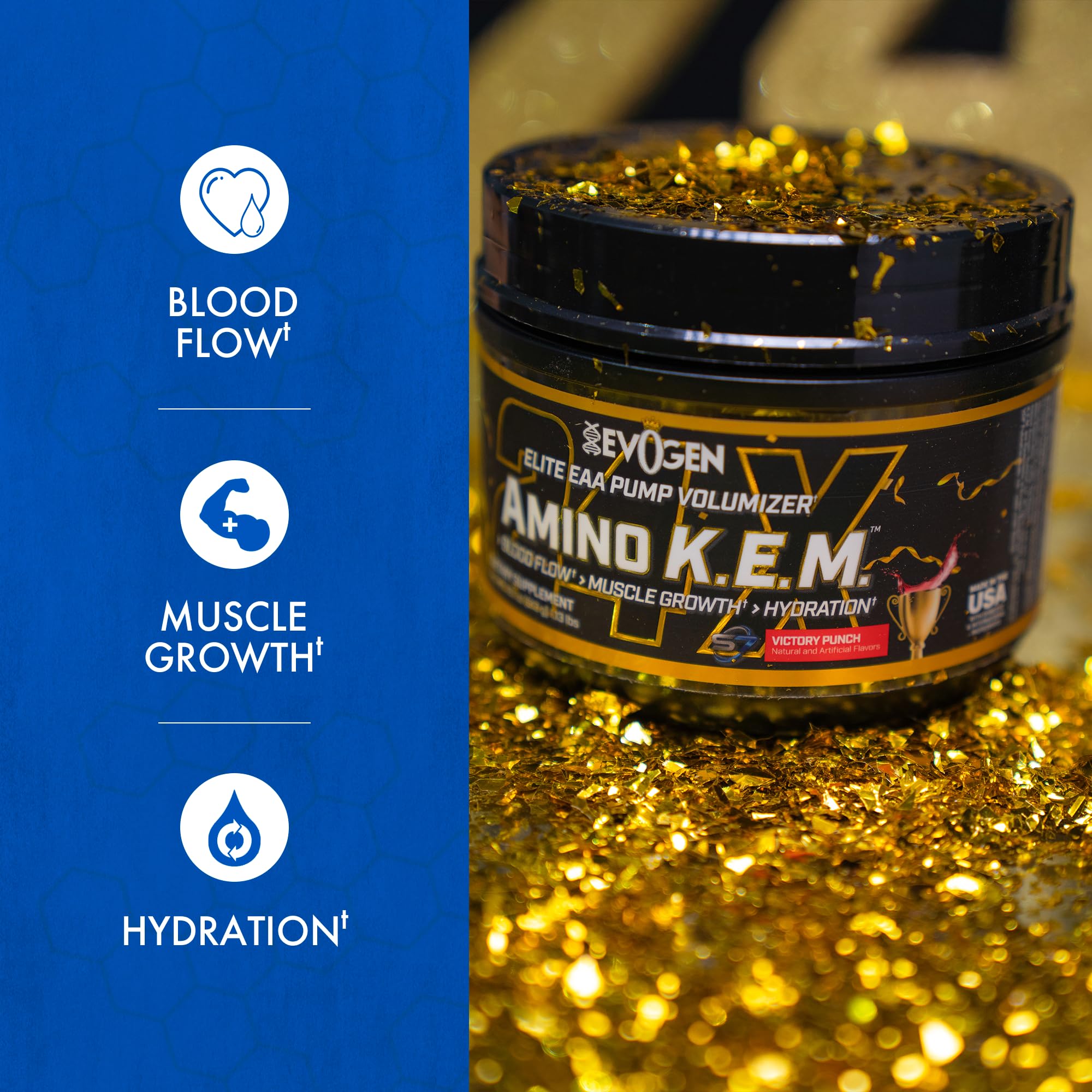 Evogen Amino K.E.M. powder pour emphasizes hydration support for intense training sessions.