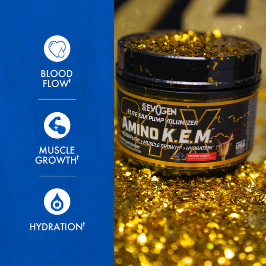 Evogen Amino K.E.M. powder pour emphasizes hydration support for intense training sessions.