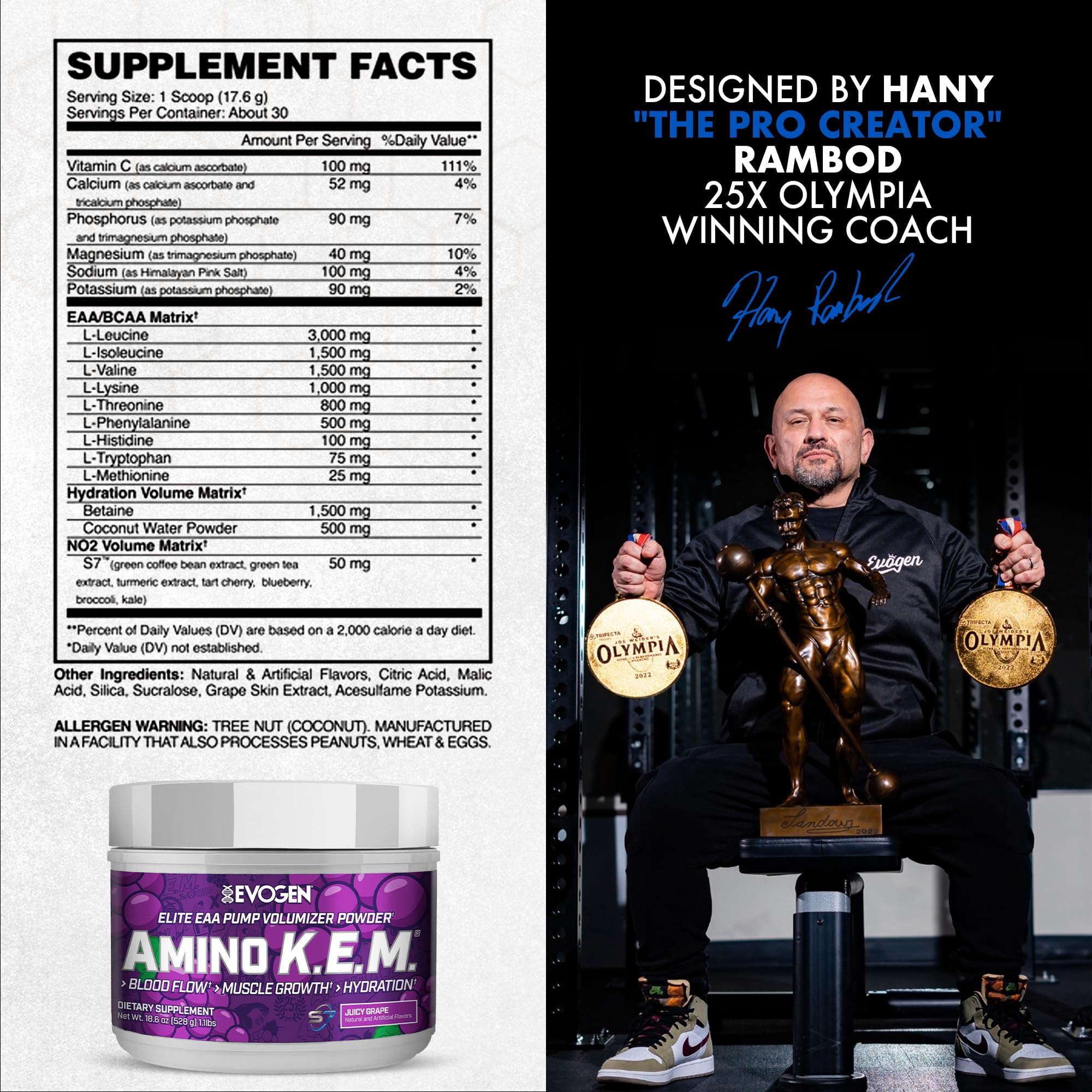 Evogen Amino K.E.M. scoop dispensing powder for quick post-workout mix.