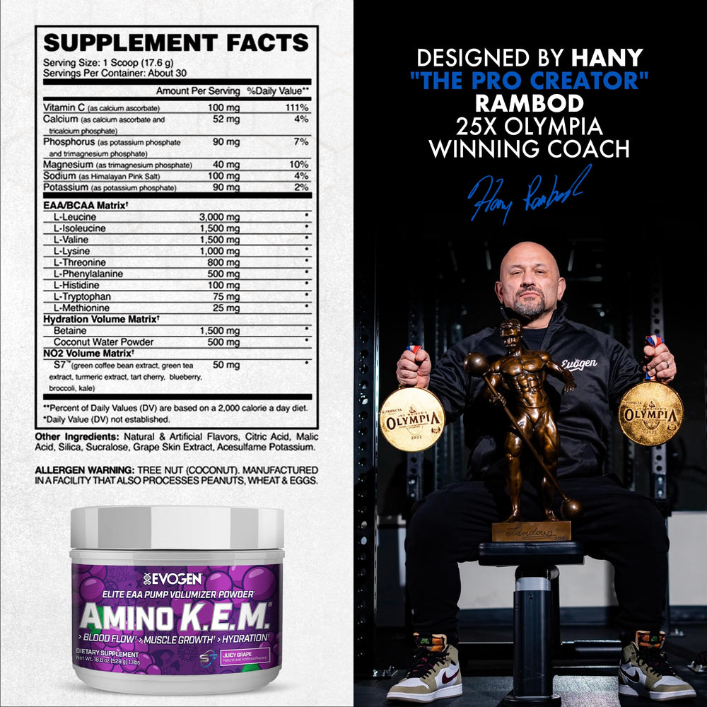 Evogen Amino K.E.M. scoop dispensing powder for quick post-workout mix.