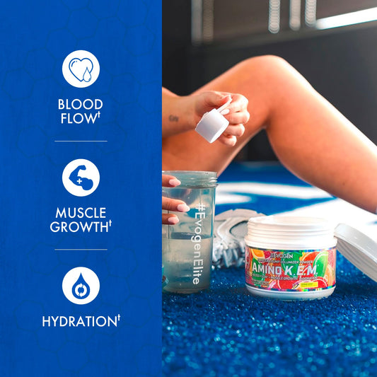Evogen Amino K.E.M. scoop pouring into a glass for quick nutrient delivery