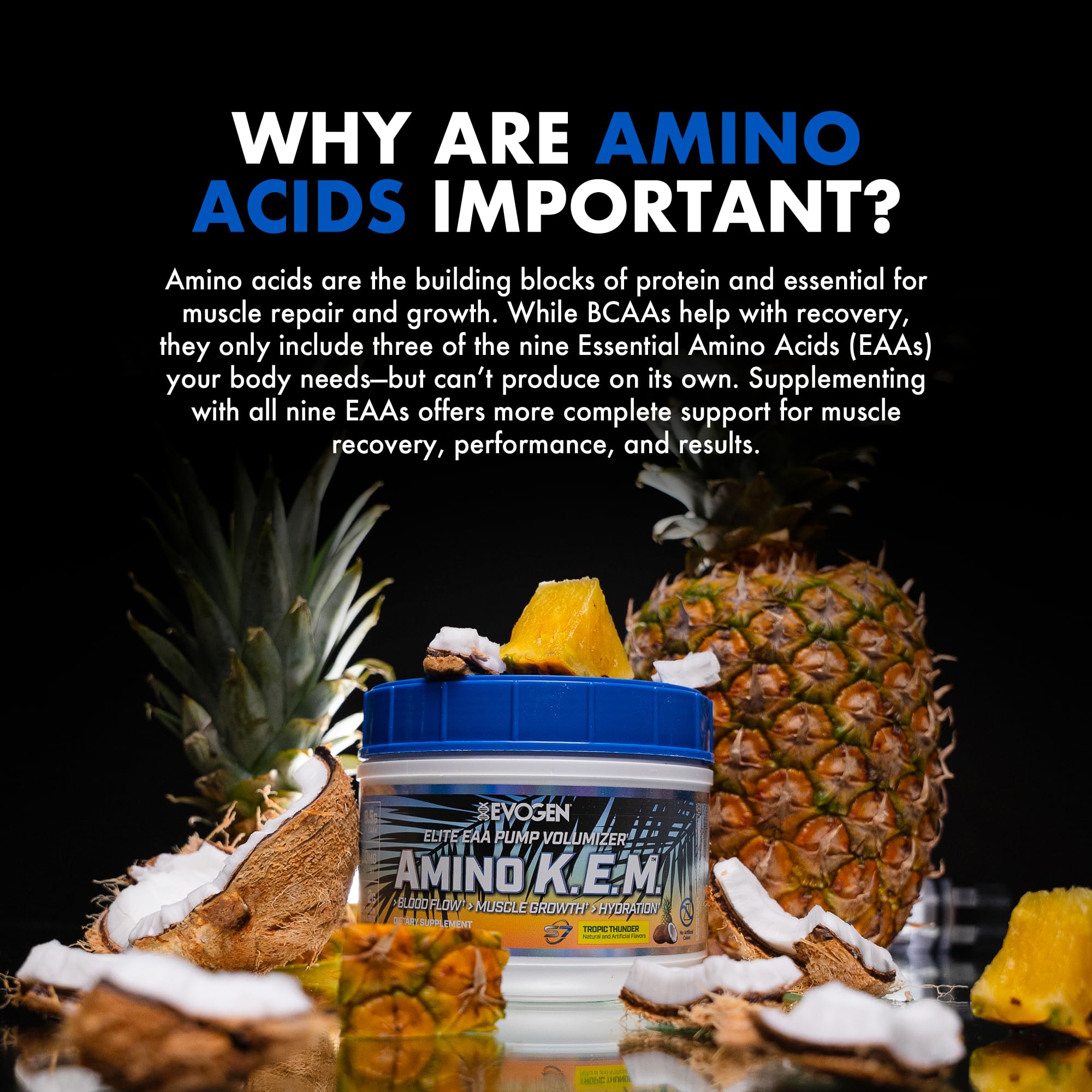 Serving count label on Evogen Amino K.E.M. container highlights 30 servings