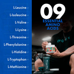 Evogen Amino K.E.M. serving scoop beside a shaker bottle for daily use