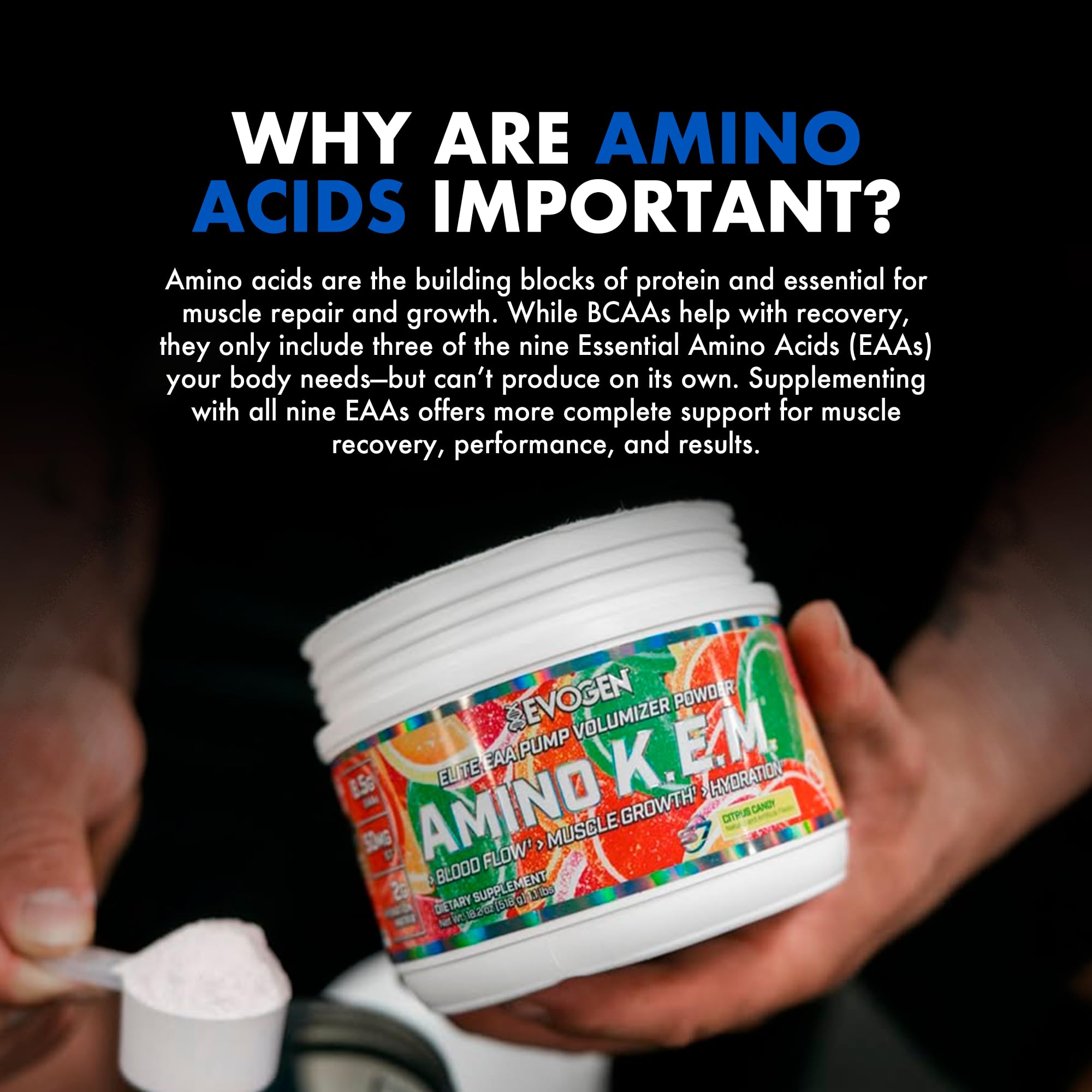 Evogen Amino K.E.M. travel pack showing compact packaging for on-the-go routines