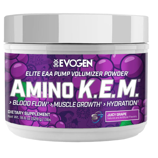 Evogen Amino K.E.M. tub cap close-up highlighting powder for recovery support.