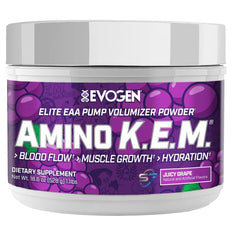 Evogen Amino K.E.M. tub cap close-up highlighting powder for recovery support.