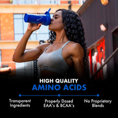 Evogen Amino K.E.M. tub label helps identify the amino acid blend before workouts.