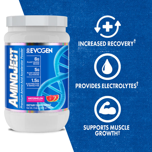 A close-up of the AminoJect label showing plant-based BCAAs and EAAs for recovery.