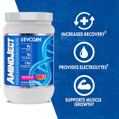 A close-up of the AminoJect label showing plant-based BCAAs and EAAs for recovery.