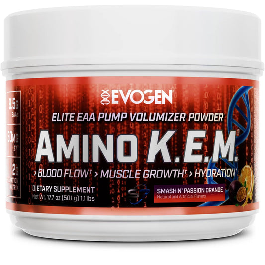 Evogen Amino KEM bottle shown, supports hydration during workouts with flavorful formula.