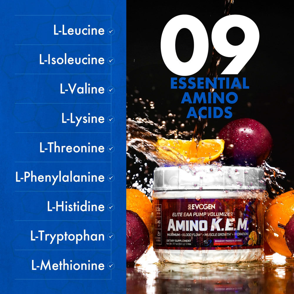 Glass of mixed Evogen Amino KEM in passion orange hints at refreshing taste.