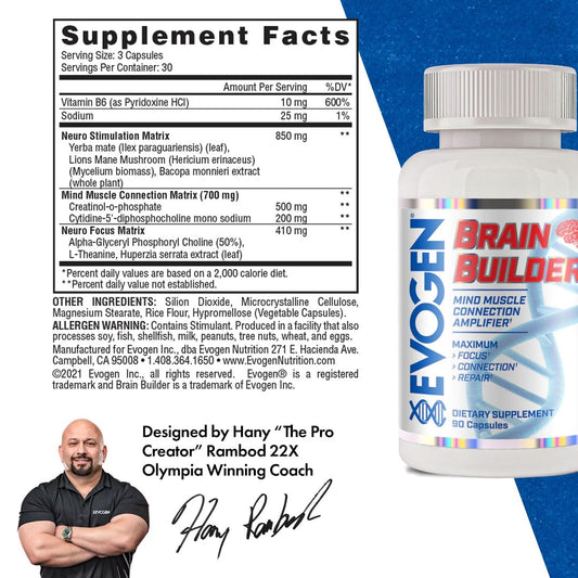 Close-up of Evogen Brain Builder capsules highlighting cognitive support blend.