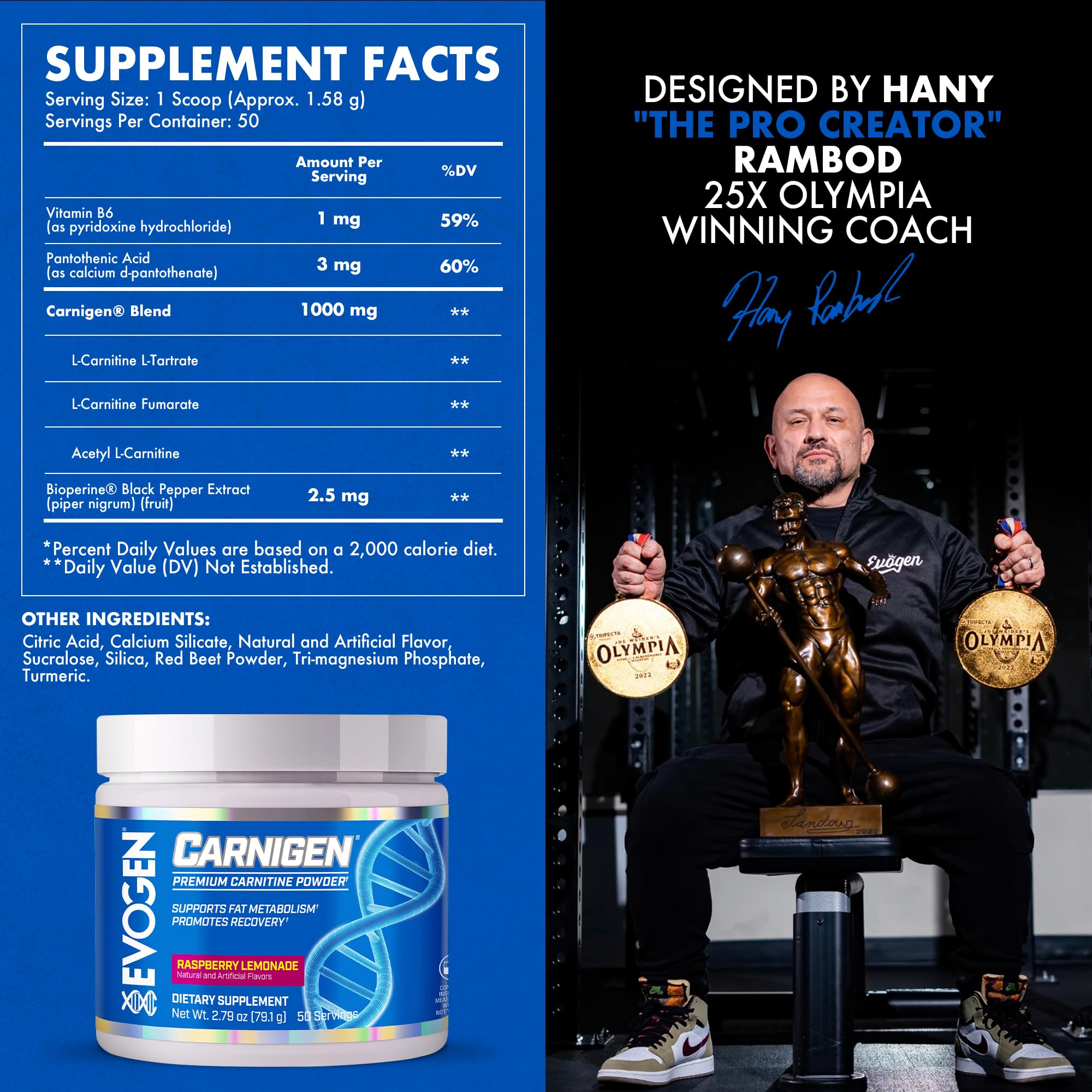 Evogen Carnigen label closeup reveals premium formula with BioPerine and vitamins.